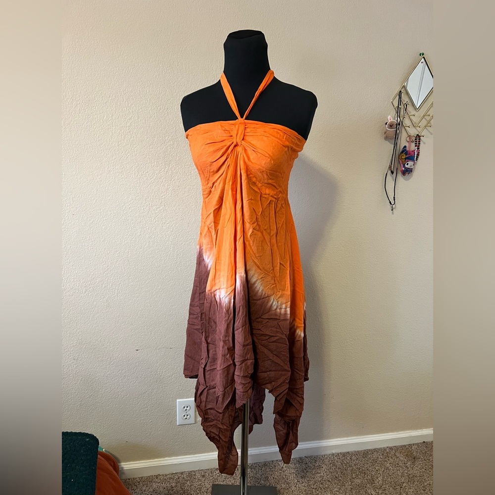 Elegant Strapless Orange and Brown Dress